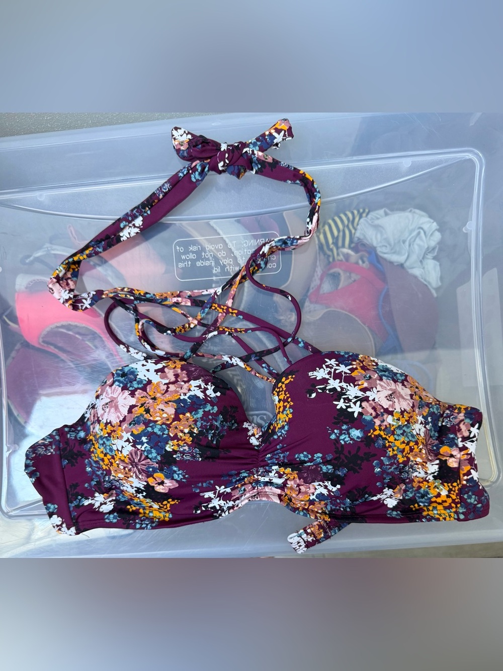 Ambrielle Floral Molded Swim Bra in Burgundy